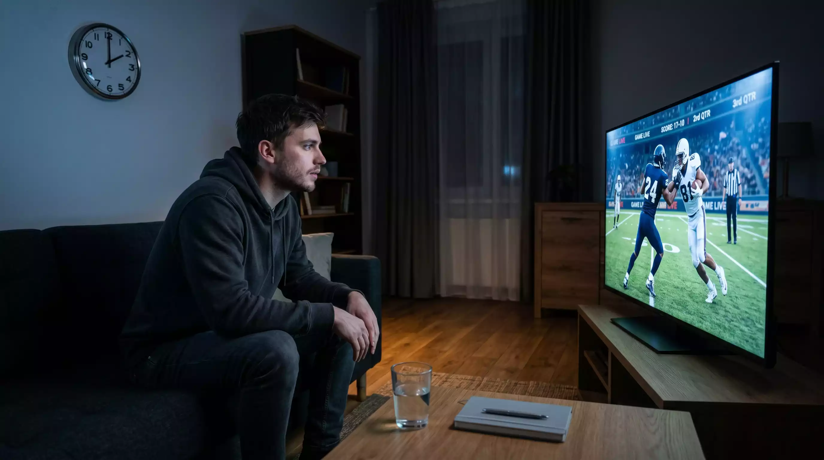 Aficionado europeo viendo el Super Bowl de madrugada en un salon con la pantalla iluminando la habitacion
